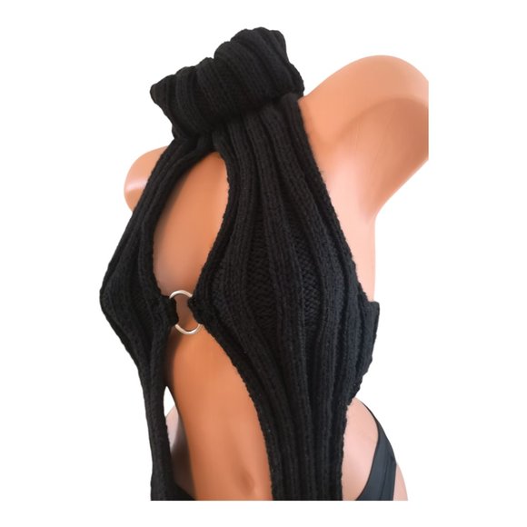 🇨🇦 Handmade Rib Knit ORing Party Rave Festival Turtleneck Halter Top Black - Picture 5 of 9